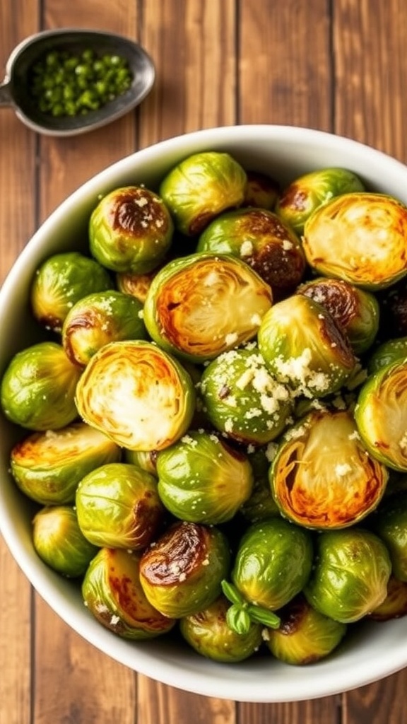 Crispy air fryer Brussels sprouts garnished with Parmesan cheese on a wooden table.